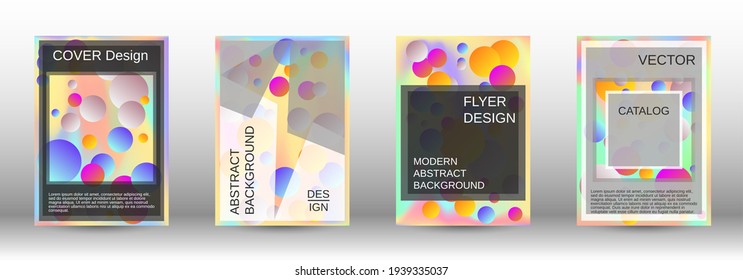 Los círculos degradados sobre un fondo holográfico. Un conjunto de cubiertas abstractas modernas. Futura plantilla futurista con bolas abstractas para el diseño de banner, afiche, librito, reportaje, revista.