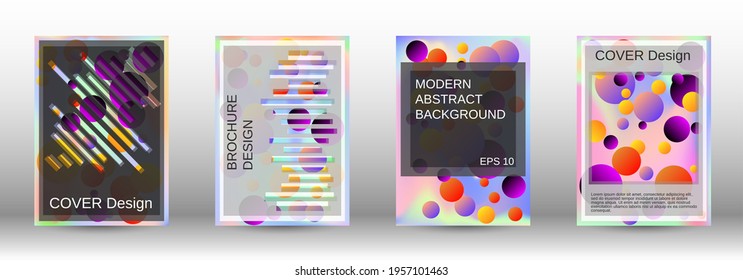 Gradient circles on a holographic background. A set of modern abstract covers. Future futuristic template with abstract balls for design of banner, poster, booklet, report, magazine.