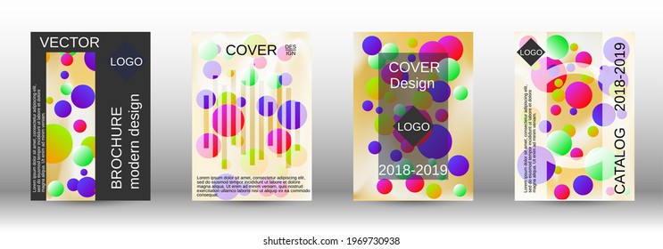 Los círculos degradados sobre un fondo holográfico. Un conjunto de cubiertas abstractas modernas. Futura plantilla futurista con bolas abstractas para el diseño de banner, afiche, librito, reportaje, revista.