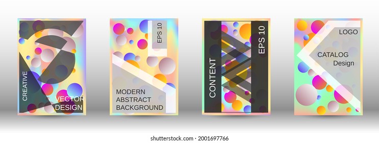 Gradient circles on a holographic background. A set of modern abstract covers. Future futuristic template with abstract balls for design of banner, poster, booklet, report, magazine.