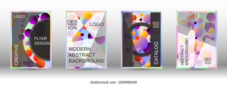 Los círculos degradados sobre un fondo holográfico. Un conjunto de cubiertas abstractas modernas. Futura plantilla futurista con bolas abstractas para el diseño de banner, afiche, librito, reportaje, revista.