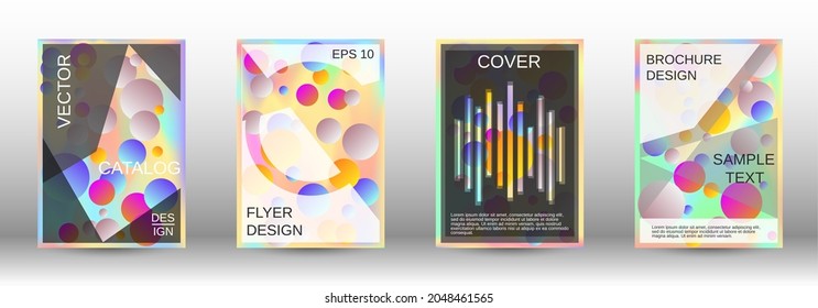 Los círculos degradados sobre un fondo holográfico. Un conjunto de cubiertas abstractas modernas. Futura plantilla futurista con bolas abstractas para el diseño de banner, afiche, librito, reportaje, revista.