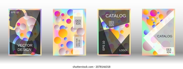 Gradient circles on a holographic background. A set of modern abstract covers. Future futuristic template with abstract balls for design of banner, poster, booklet, report, magazine.