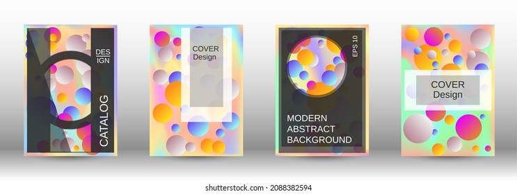 Gradient circles on a holographic background. A set of modern abstract covers. Future futuristic template with abstract balls for design of banner, poster, booklet, report, magazine.