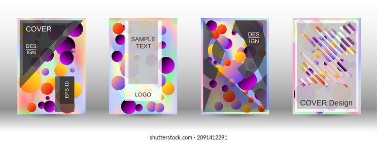 Gradient circles on a holographic background. A set of modern abstract covers. Future futuristic template with abstract balls for design of banner, poster, booklet, report, magazine.