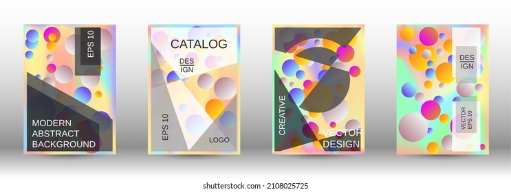 Los círculos degradados sobre un fondo holográfico. Un conjunto de cubiertas abstractas modernas. Futura plantilla futurista con bolas abstractas para el diseño de banner, afiche, librito, reportaje, revista.
