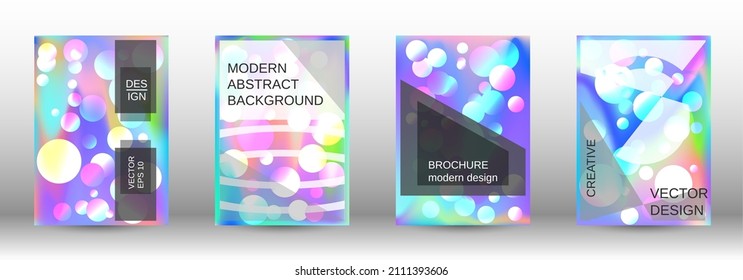 Gradient circles on a holographic background. A set of modern abstract covers. Future futuristic template with abstract balls for design of banner, poster, booklet, report, magazine.