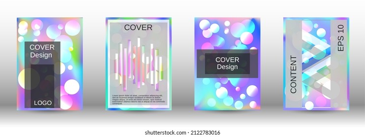 Gradient circles on a holographic background. A set of modern abstract covers. Future futuristic template with abstract balls for design of banner, poster, booklet, report, magazine.