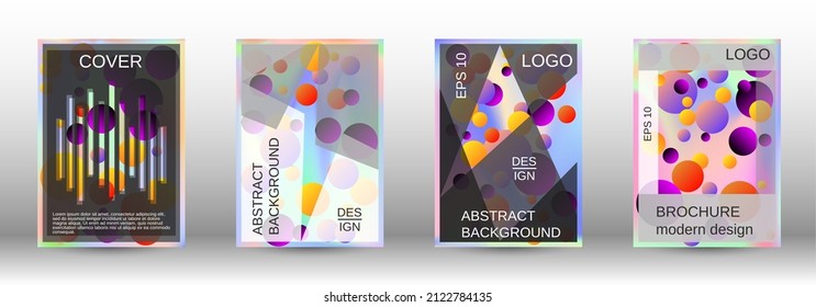 Los círculos degradados sobre un fondo holográfico. Un conjunto de cubiertas abstractas modernas. Futura plantilla futurista con bolas abstractas para el diseño de banner, afiche, librito, reportaje, revista.