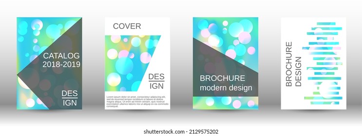 Los círculos degradados sobre un fondo holográfico. Un conjunto de cubiertas abstractas modernas. Futura plantilla futurista con bolas abstractas para el diseño de banner, afiche, librito, reportaje, revista.