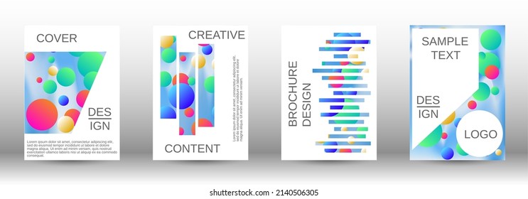 Los círculos degradados sobre un fondo holográfico. Un conjunto de cubiertas abstractas modernas. Futura plantilla futurista con bolas abstractas para el diseño de banner, afiche, librito, reportaje, revista.