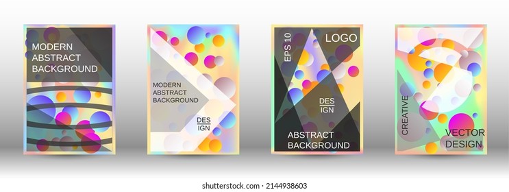 Gradient circles on a holographic background. A set of modern abstract covers. Future futuristic template with abstract balls for design of banner, poster, booklet, report, magazine.