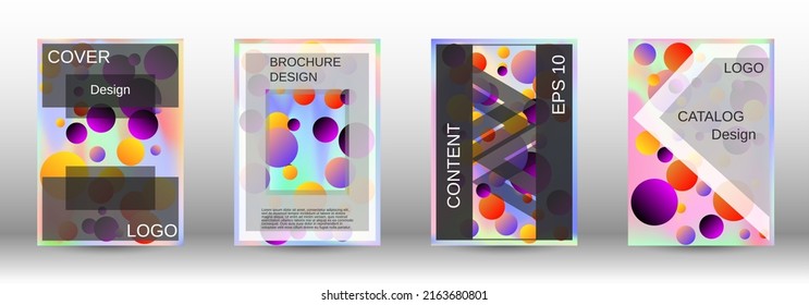 Gradient circles on a holographic background. A set of modern abstract covers. Future futuristic template with abstract balls for design of banner, poster, booklet, report, magazine.