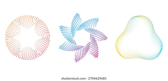 Gradient circular dotted rings. Multicolored speed swirl shapes with concentric halftone motion for digital interface and modern vector frame design.