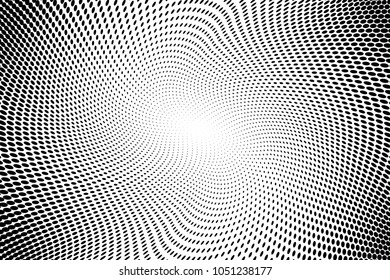 Gradient circular halftone dots pattern texture background. Black pixels. Modern dotted vector illustration. Abstract wavy lines. Points backdrop. Grungy spotted pattern