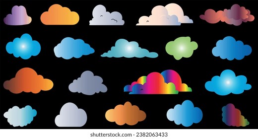 Gradient Cloud Vector Illustration Set, Features diverse styles and colors, Depicts fluffy cumulus to wispy cirrus, clear sky to stormy weather. Ideal for meteorology, nature themes