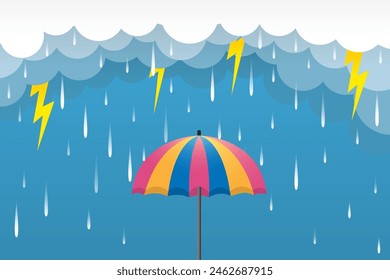 gradient clouds with falling rain with umbrella illustration
