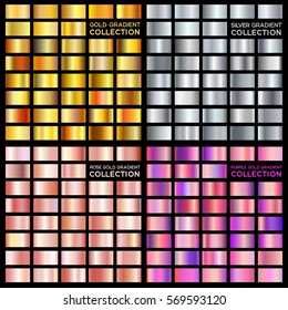 Gradient collection gold, silver, purple gold, rose.  Trend colors. Vector metal texture. Isolated on black background.