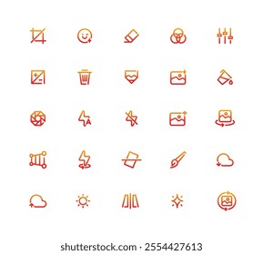 Gradient Collection Of Icons For Various Functions and Features. Some Of The Icons Include camera, trash can, pencil, and paper.