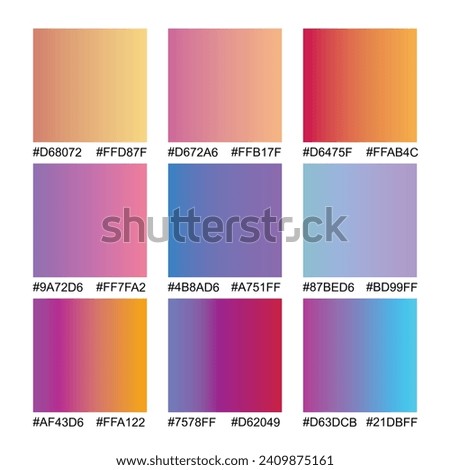 Gradient collection, shiny rainbow hologram. Holographic foil texture, blue, yellow, pink gradation. Catalog of samples palettes in RGB HEX. Vector set for frame, border, other design.