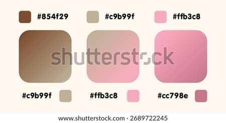 Gradient collection, shiny rainbow hologram. Holographic foil texture, blue, pink, brown gradation. Catalog of samples palettes in RGB HEX. Vector set for frame, border, other design.