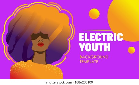 Gradient color background template with stylish afro African American lady in modern retro vibe for print or digital media