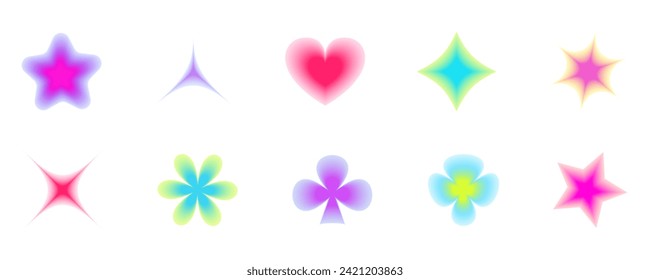 Insignias de color gradiente y2k. Corazón, flor y estrellas borrosos en un estilo retro