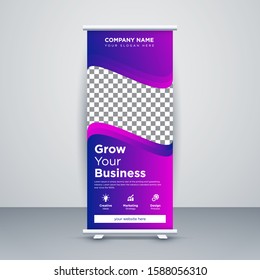 Gradient color banner roll-up design, business concept. Graphic template roll-up for exhibitions, banner for seminar, layout for placement of photos. Universal stand for conference, promo banner.