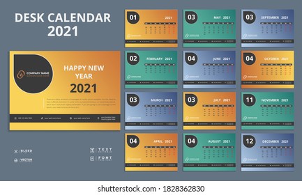 Diseño de plantilla de calendario de escritorio de color degradado Conjunto de 12 meses con planificación de portada y calendario.