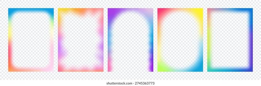 Gradient Color Frames Set. Cute Kid Fun Background. Decorative Blur Transparent Borders with Rainbow Color Gradation. Vector Aura Glow Frames for Y2K Posters, Kid Parties and Holi Festival Banners.