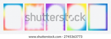Gradient Color Frames Set. Cute Kid Fun Background. Decorative Blur Transparent Borders with Rainbow Color Gradation. Vector Aura Glow Frames for Y2K Posters, Kid Parties and Holi Festival Banners.