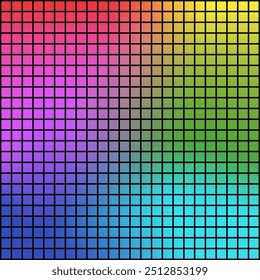 Gradient color grid. Square tile pattern. Vibrant multicolor palette. Digital vector art.