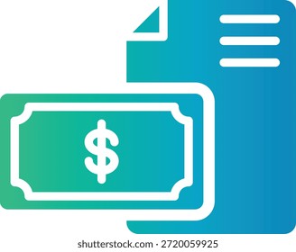 Icono de color degradado de billete de dólar con documento que representa el seguimiento financiero.