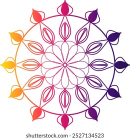 Farbverlauf Mandala Design. Mandala-Design, Mandala-Design mit komplizierten Mustern in Blau, Rot und Orange auf warmem Farbverlauf-Hintergrund