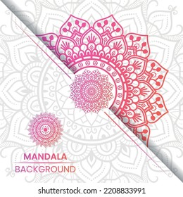 Mandala de color degradado sobre un patrón elegante con fondo blanco. Antecedentes vectores de la ceremonia, afiche del evento, pancarta islámica, papel pintado y tus ideas deseadas