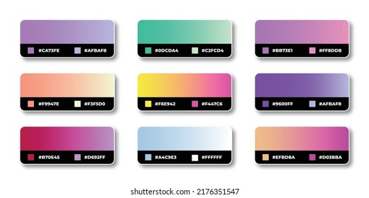 Gradient color palette with color codes in RGB or HEX, Catalog, Trendy colors, Gradient swatches set vector illustration, Color guides