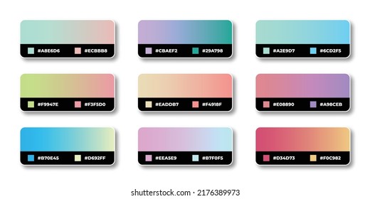 Gradient color palette with color codes in RGB or HEX, Catalog, Trendy colors, Gradient swatches set vector illustration, Color guides