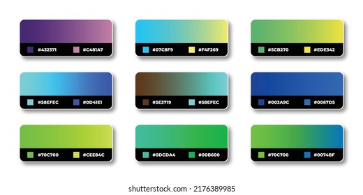 Farbpalette mit Farbcodes in RGB oder HEX, Katalog, Trendfarben, Vektorgrafik mit Farbverläufen, Farbleitfaden