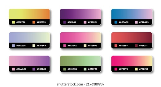 Gradient color palette with color codes in RGB or HEX, Catalog, Trendy colors, Gradient swatches set vector illustration, Color guides