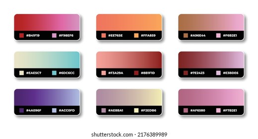 Paleta de colores de degradado con códigos de color en RGB o HEX, Catálogo, Colores de moda, Muestras de degradado conjunto ilustración vectorial, Guías de color
