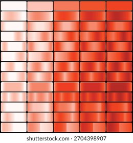 Paleta de cores de gradiente. As cores são concha, pêssego, coral, vermelho alaranjado, escarlate, amostras para fundo gradiente e uso de design versátil.