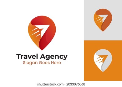 gradient color pin map sign with plane or fast arrow for travel location, agency modern logo template