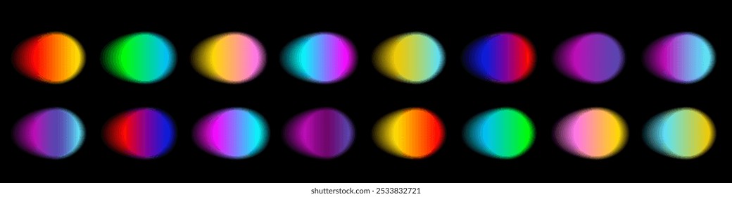 Gradient color round shape background. Abstract rainbow blur circles with graduation. Neon colored bright blending icons. Colorful geometric graphic vector set isolated on black.