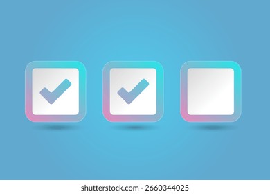 O esquema de cores do gradiente combina ciano e rosa, dando ao ícone uma aparência moderna e vibrante sobre um fundo azul. com o símbolo de marca de seleção dentro de um design de ícone de vetor quadrado arredondado