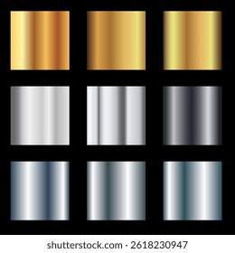 Gradient color set with metallic gold, silver, bronze, and steel tones displayed in vertical swatches on black background, perfect for design templates, branding and digital art