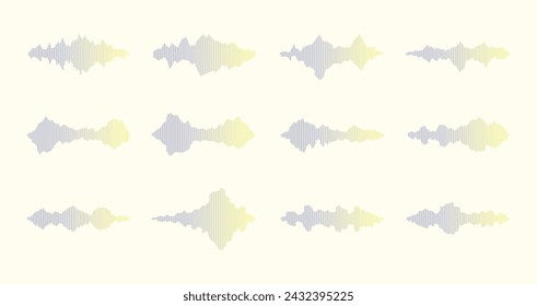 Ondas de sonido de color degradado aisladas sobre fondo blanco. Onda de música abstracta y frecuencia de señal de radio. Visualización de voz digital y ondas de ecualización. Ondas de sonido vectoriales y forma de onda redonda