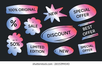 Gradient Color Stickers with Scribble Effect. Labels with Texts Discount, Best Offer, Special Offer, 100 Percent Original, New, Sale. Vector Illustration.