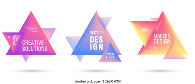 Gradient color triangle banners with halftone patterns on white background. Vector triangular geometric gradient shapes overlap banners set design. Abstract shapes composition. Triangle templates.