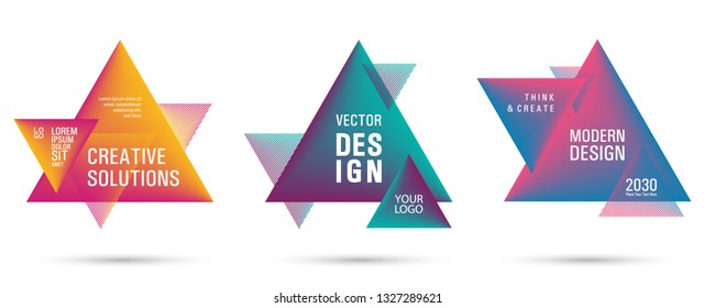 Gradient color triangle banners with halftone patterns on white background. Vector triangular geometric gradient shapes overlap banners set design. Abstract shapes composition. Triangle templates.