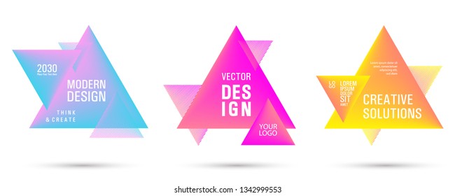 Gradient color triangle banners with halftone patterns on white background. Vector triangular geometric gradient shapes overlap banners set design. Abstract shapes composition. Triangle templates.